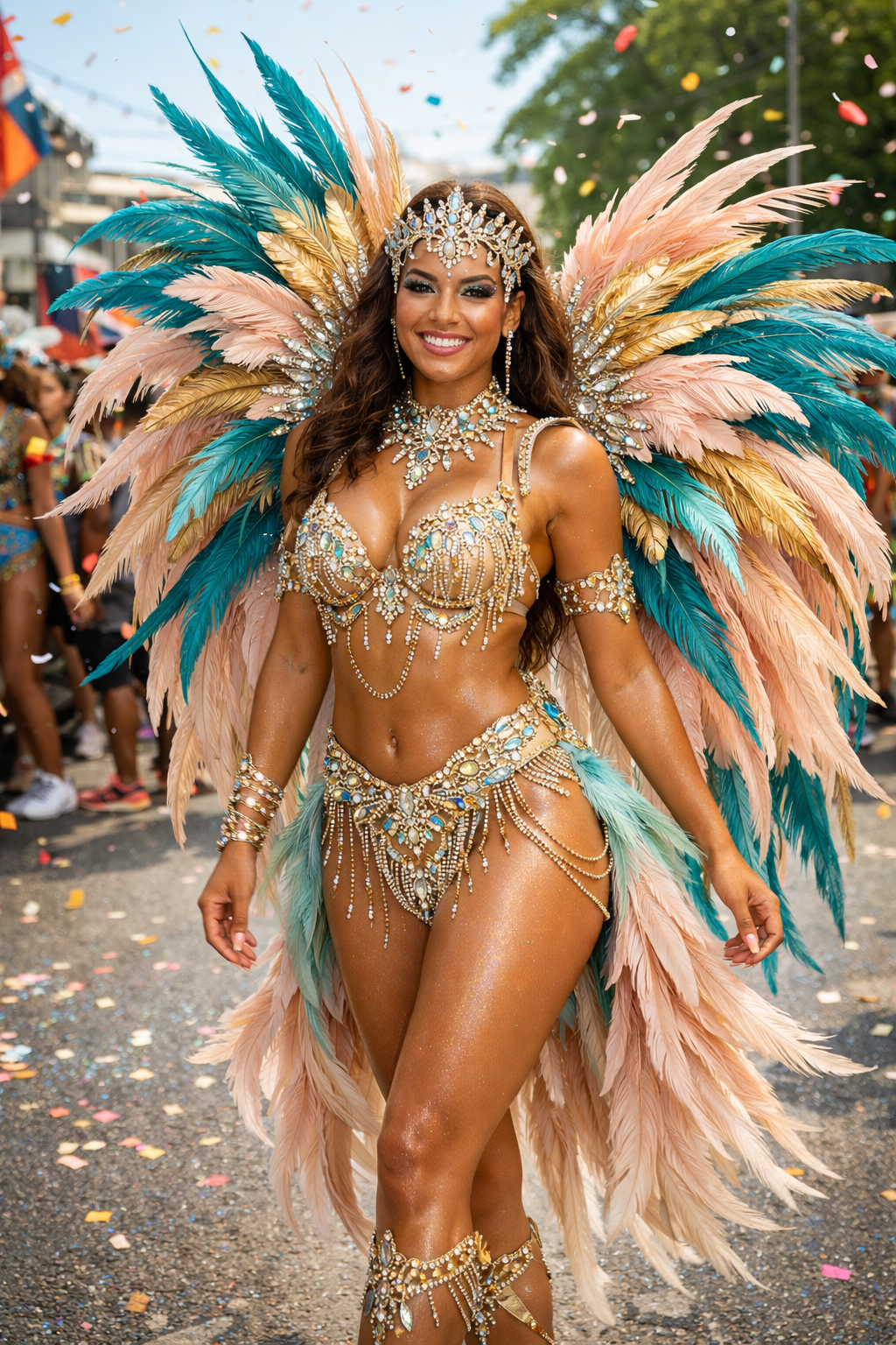 Masquerader in Trinidad Carnival costume with colorful feathers