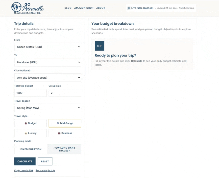 Animated demo of the GoPetranelle travel budget calculator estimating trip cost, daily travel budget and trip length